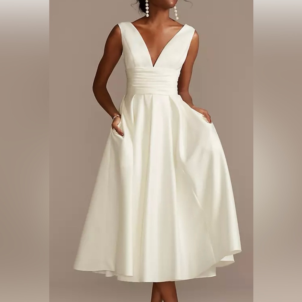 David's Bridal Cream V-Neck Midi Dress